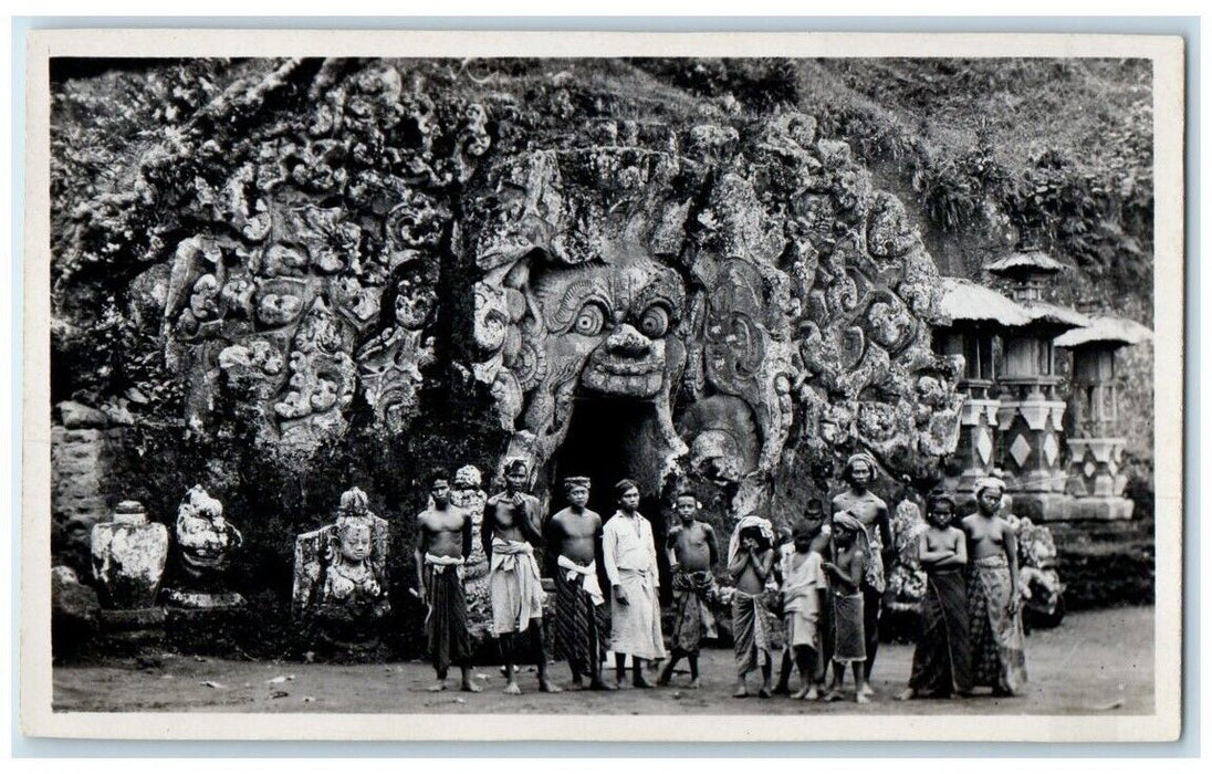 c1930's Goa Gajah Ubud Temple Entrance Native View Bali RPPC Photo Postcard