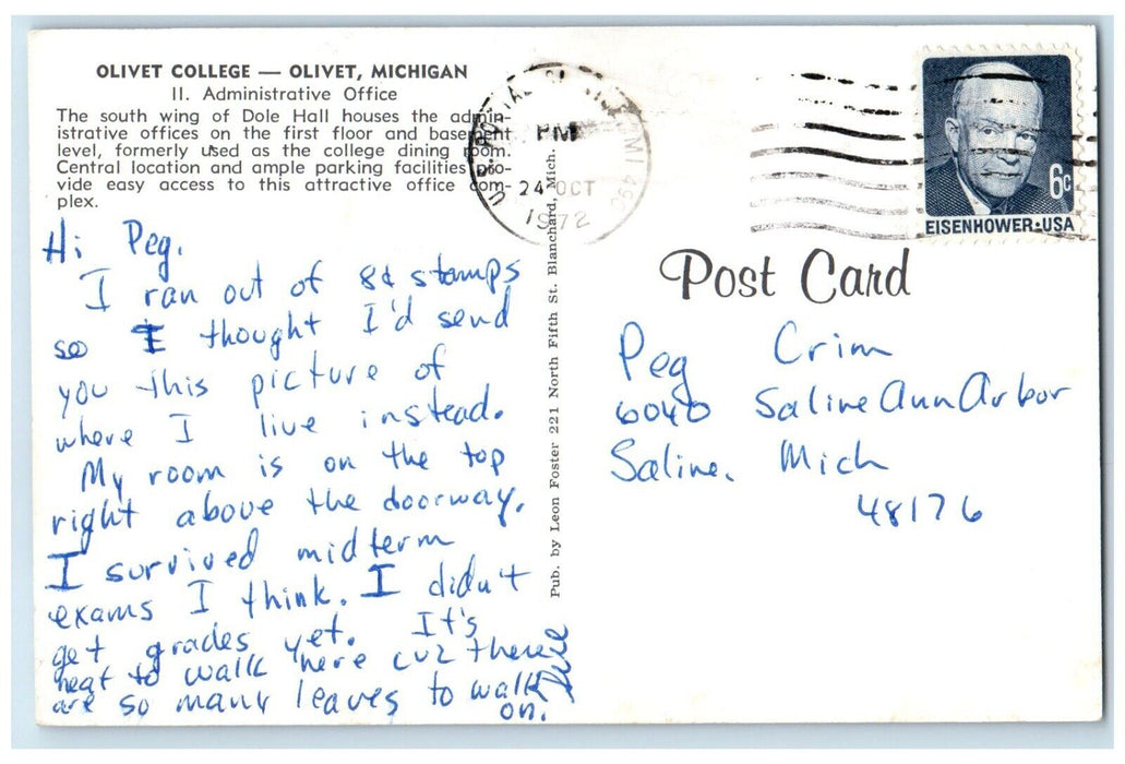 1972 Olivet College Administrative Office Exterior Olivet Michigan MI Postcard