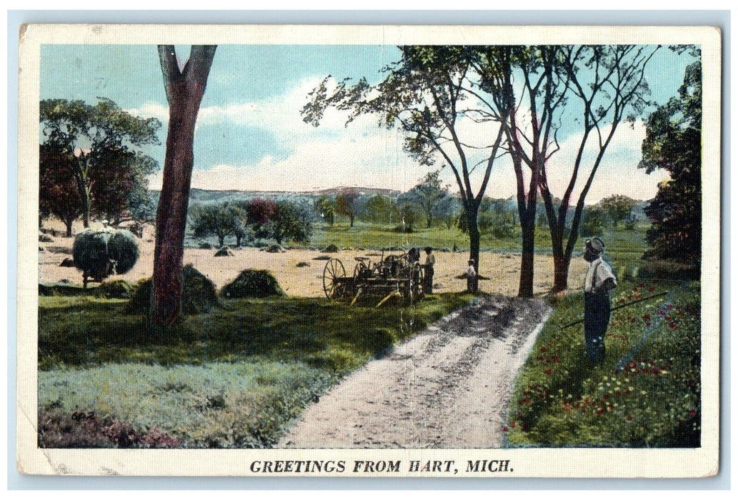 1925 Greetings From Farming Field Road Trees Hart Michigan MI Vintage Postcard