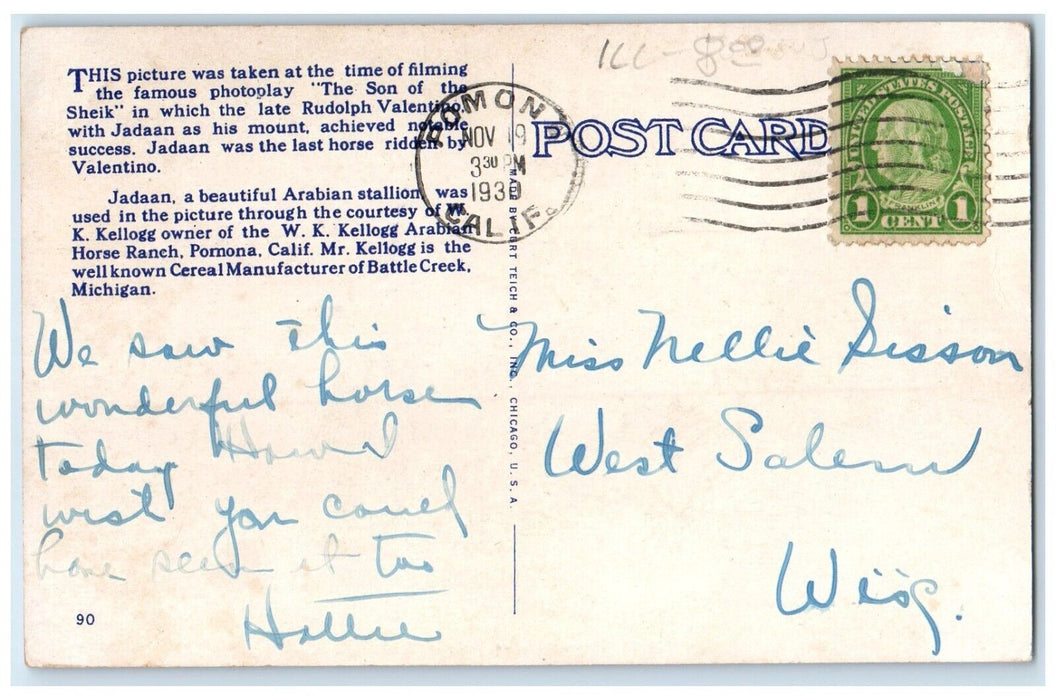 1930 The Late Rudolph Valentino Mounted On Jadaan Pomon California CA Postcard
