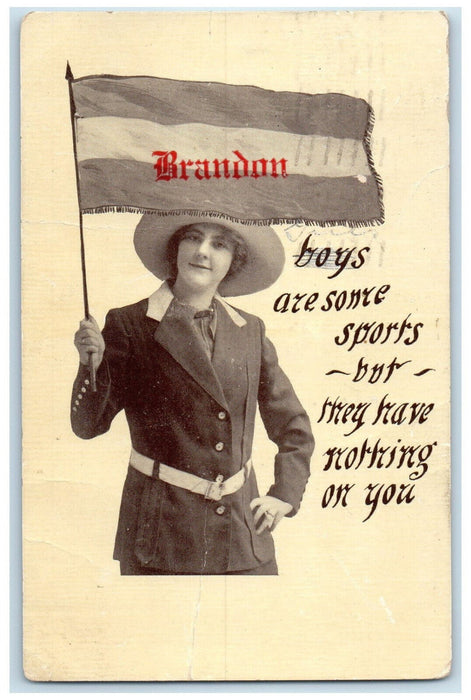 1912 Boys Are Some Sports Message Brandon Flag Manitoba Canada Postcard