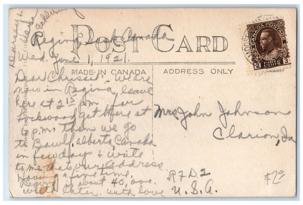 1921 Regina Collegiate Institute Saskatchewan Canada Posted Antique Postcard