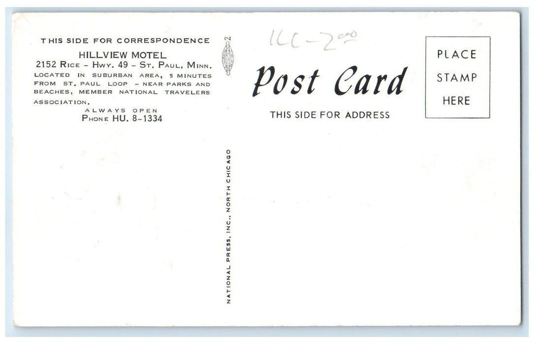 c1930s' Hillview Motel Hyw 49 1 Block So. Of Hwy St. Paul Minnesota MN Postcard