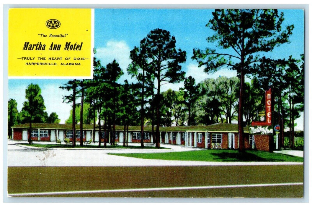 c1950's Martha Ann Motel Roadside Harpersville Alabama AL Vintage Postcard