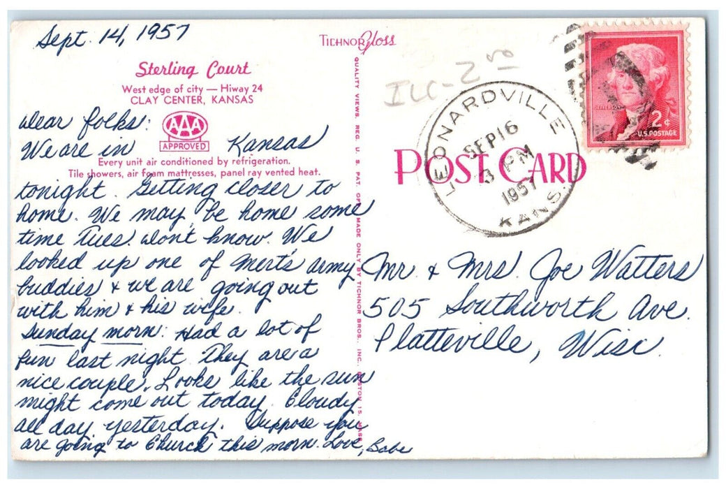 1957 Sterling Court Clay Center Leonardville Kansas KS Posted Vintage Postcard