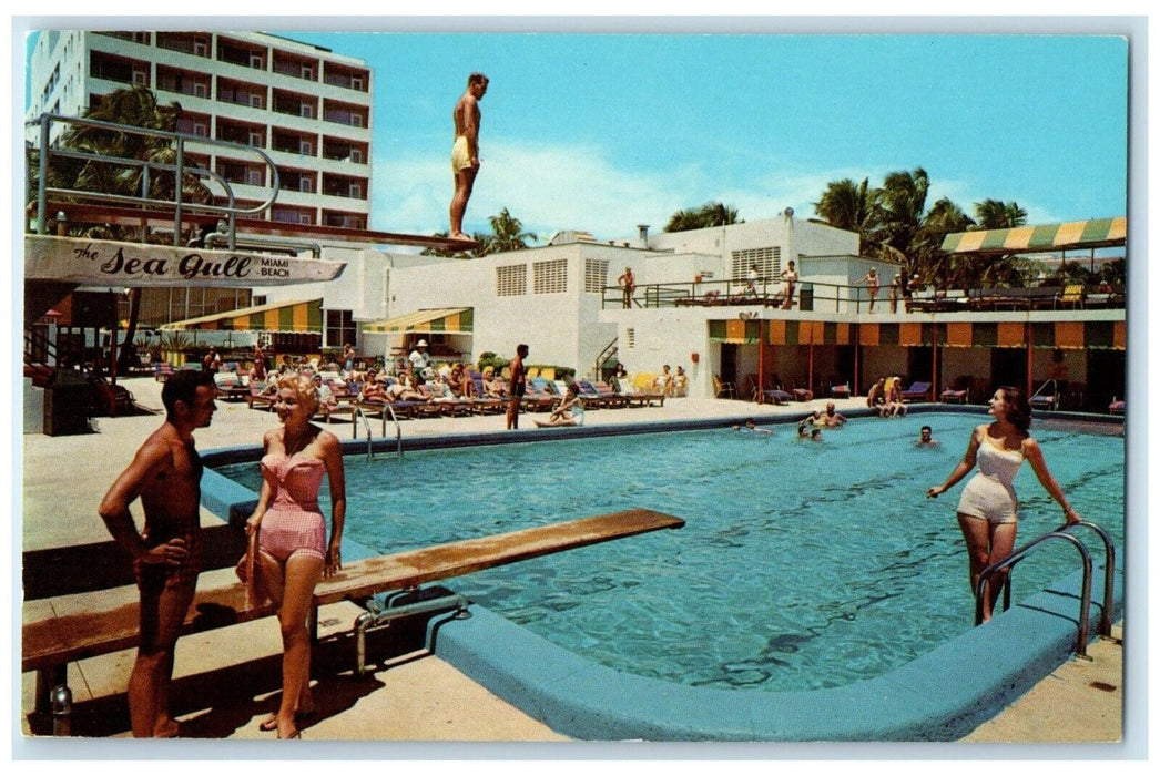 c1950's The Sea Gull Hotel Pool Cabana Club Miami Beach Florida FL Postcard