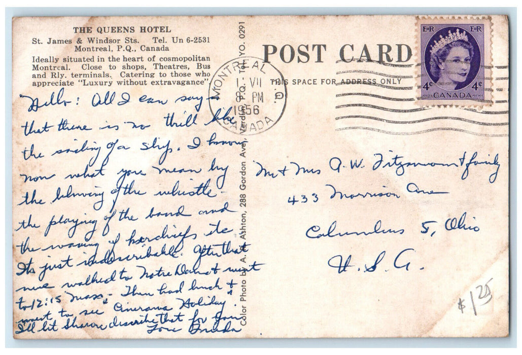 1956 The Queens Hotel St. James Windsor Streets Montreal Quebec Canada Postcard