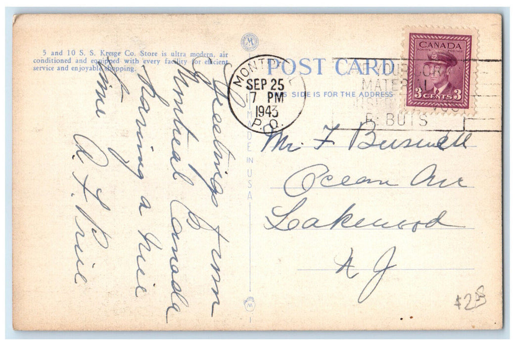 1943 Le Magasin 5 & 10 S.S. Kresge Co. 5 & 10 Montreal Quebec Canada Postcard