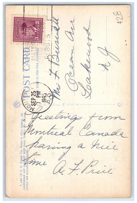 1943 Le Magasin 5 & 10 S.S. Kresge Co. 5 & 10 Montreal Quebec Canada Postcard