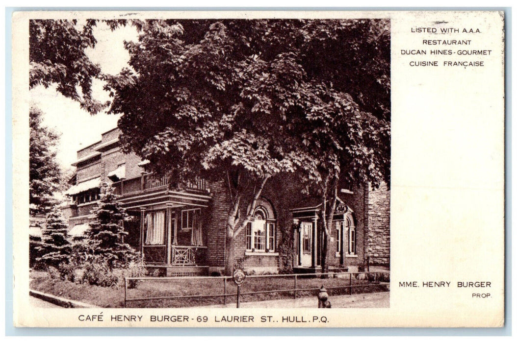 1954 Listed with AAA Cafe Henry Burger Restaurant Hull Quebec Canada Postcard