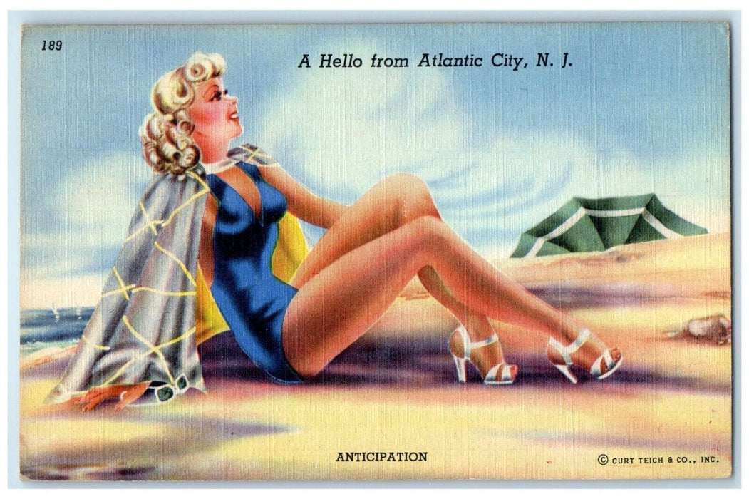 c1930's Hello From Atlantic City New Jersey NJ, Pretty Woman Swimsuit Postcard