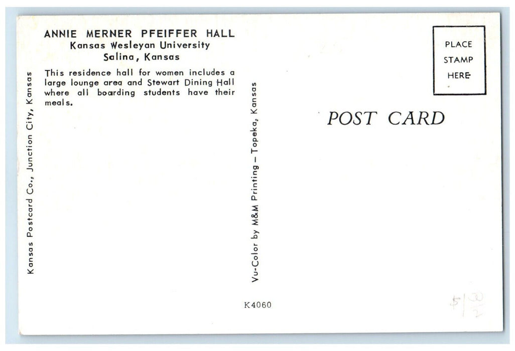 c1960 Annie Merner Pfeiffer Hall Kansas Wesleyan Exterior Salina Kansas Postcard
