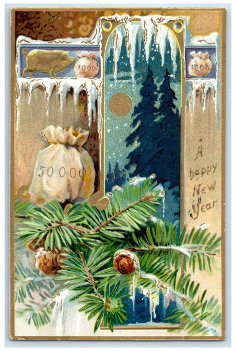 1909 New Year Pine Cone Sack Of Coins Embossed Tuck's St. Paul MN Postcard