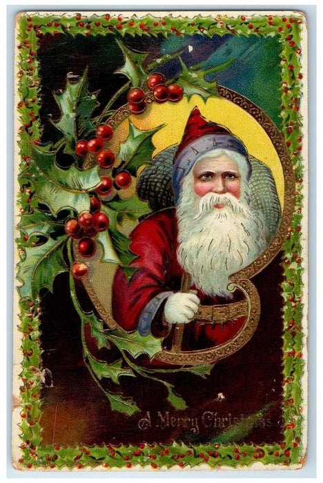 1910 Christmas Santa Claus Holly Berries Gel Gold Gilt Dousman WI Postcard