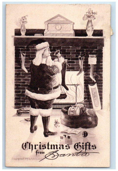 c1910's Christmas Santa Claus Putting Gifts In Stockings Fireplace Postcard