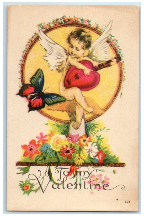 c1910's Valentine Angel Playing Heart Guitar Butterfly Flowers Antique Postcard