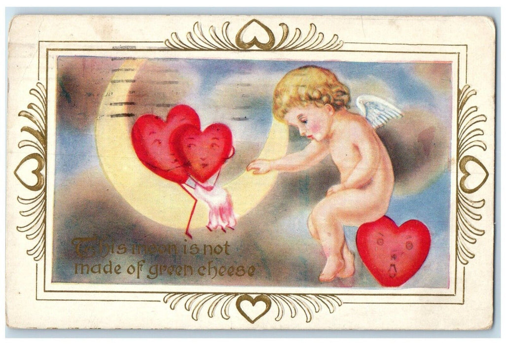 1914 Valentine Angel Hearts Crescent Moon Embossed Quincy Illinois IL Postcard