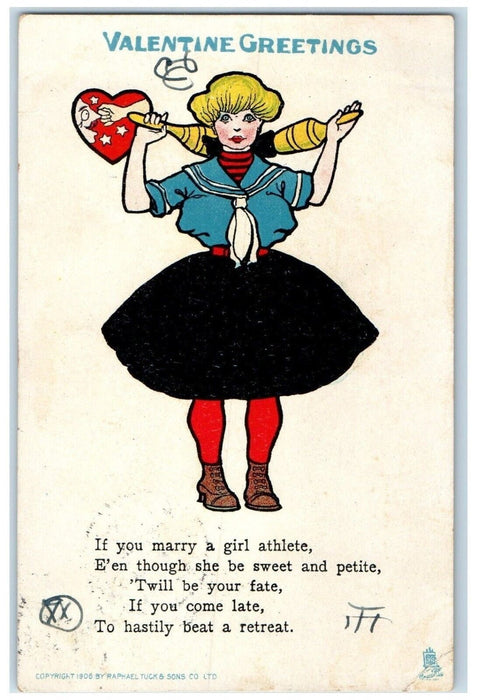 c1905 Valentine Greetings Athlete Girl Heart Tuck's Winsted Connecticut Postcard
