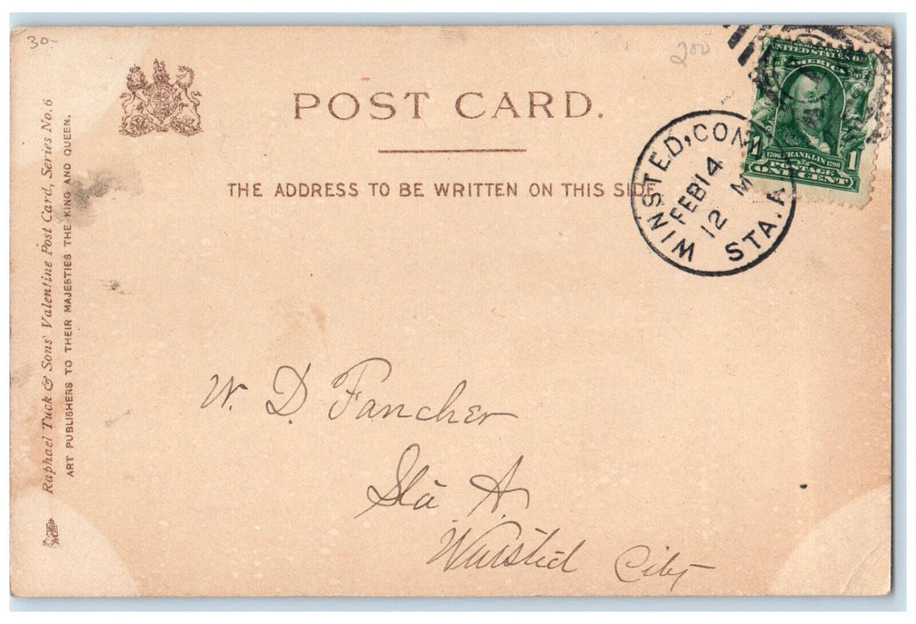 c1905 Valentine Greetings Athlete Girl Heart Tuck's Winsted Connecticut Postcard