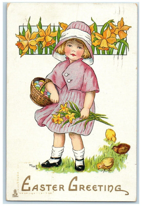 1915 Easter Greetings Girl With Eggs In Basket Flowers Chick Tuck's Postcard