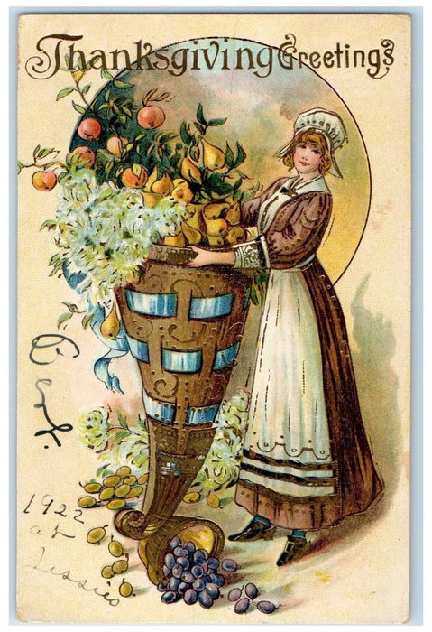 1922 Thanksgiving Greetings Woman Cornucopia Flowers Gel Gold Gilt Postcard