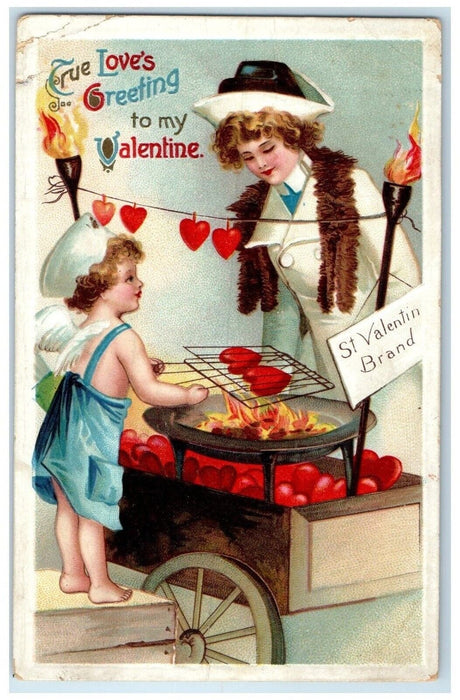 Valentine Greeting Angel Grilling Hearts Woman Embossed St. Paul MN Postcard