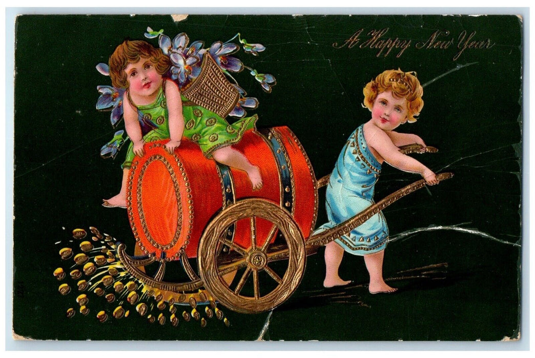 1910 New Year Girls Flowers Basket Gel Gold Gilt Embossed Ladora Iowa Postcard