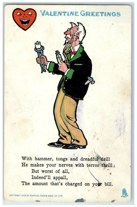 c1910's Valentine Greetings Heart Dentist With Hammer Tongs Tuck's Postcard