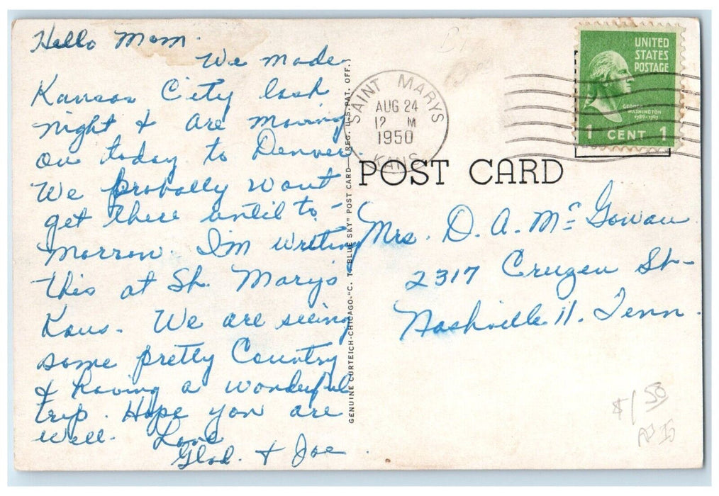 1950 Rodman Building St. Marys College Exterior Field St. Marys Kansas Postcard