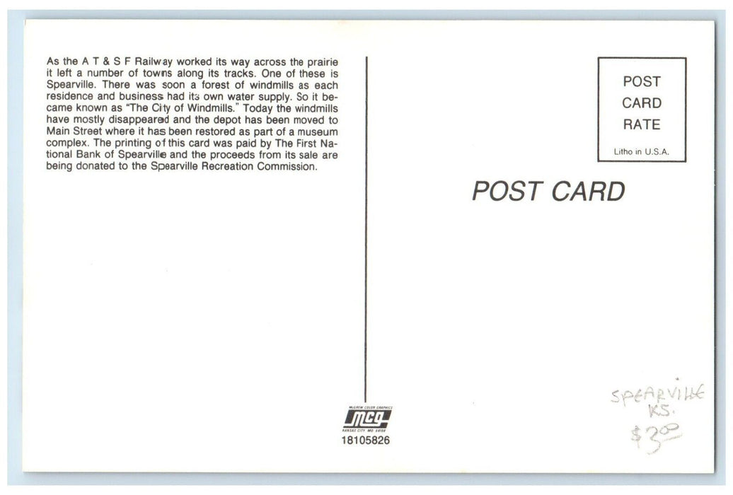 c1960 AT&S Railway Across Prairie Tows Spearville City Windmills Kansas Postcard