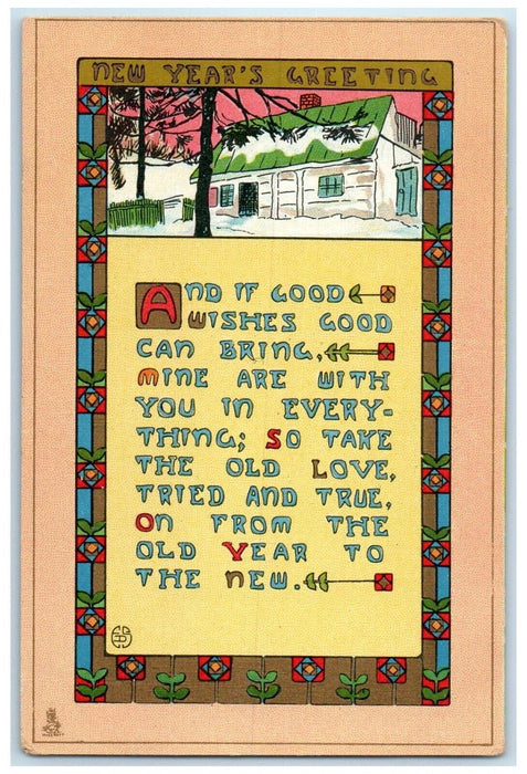1916 New Year Greetings Arts Crafts House Winter Flowers Tuck's Antique Postcard