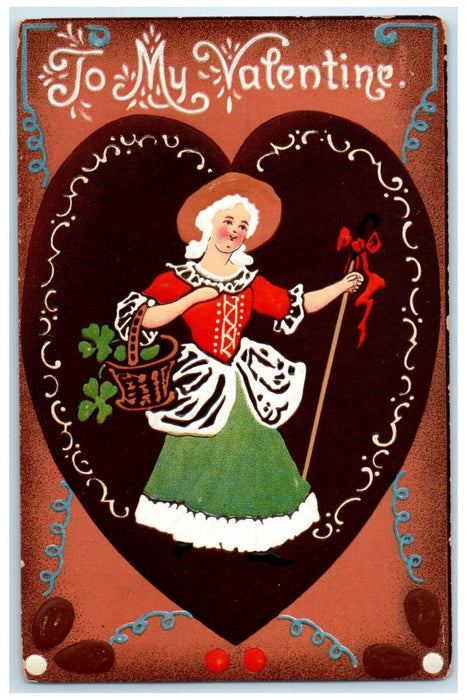 1912 Valentine Woman Big Heart Clover In Basket Rome New York NY Tuck's Postcard