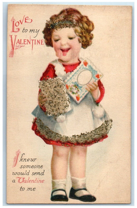 c1910's Valentine Cute Girl With Letters Beads Wolf Posted Antique Postcard