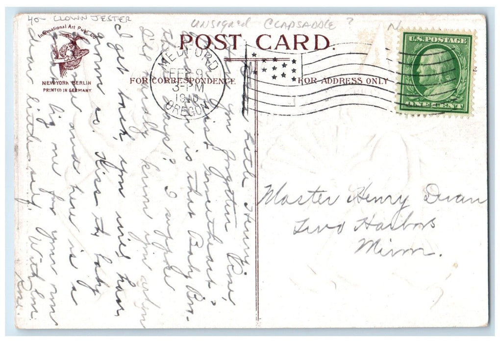 1910 Love Greeting's  Clown Jester Clapsaddle Antique Medford Oregon OR Postcard