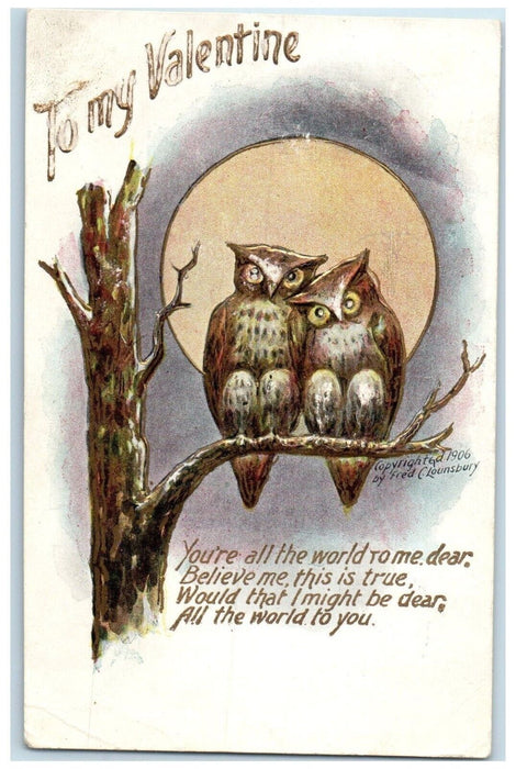 1908 Valentine Owl On Branch Of Tree Full Moon Alice North Dakota ND Postcard