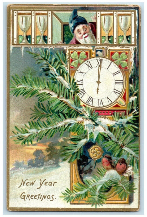1909 New Year Greetings Birds Clock Elf Gnome Embossed Jacksonville IL Postcard