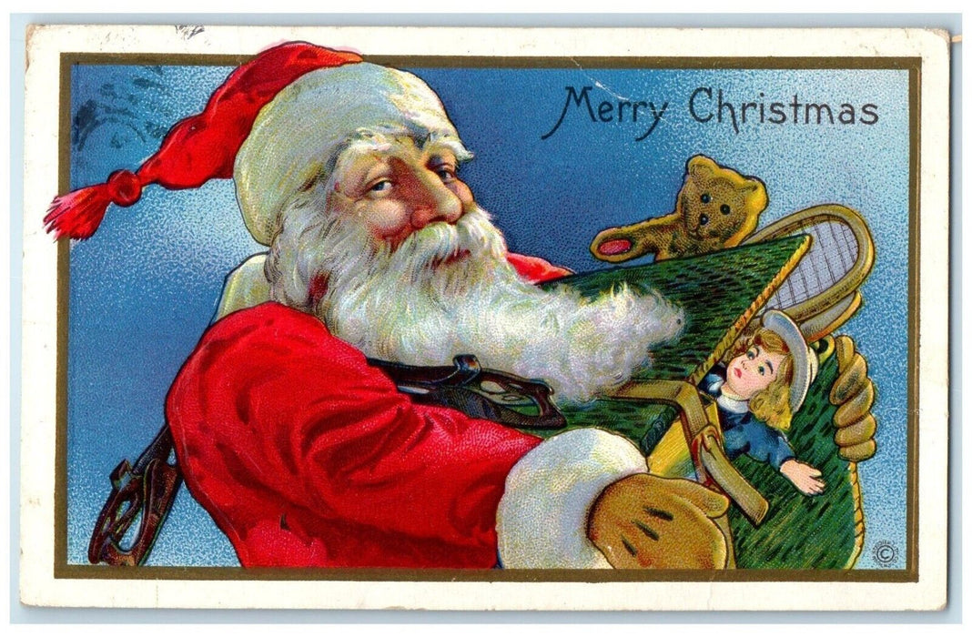 1916 Christmas Santa Claus Sack Of Toys Embossed Wells Minnesota MN Postcard