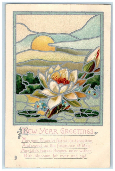 1910 New Year Greetings Flowers Sun Arts Crafts Tuck's Los Angeles CA Postcard