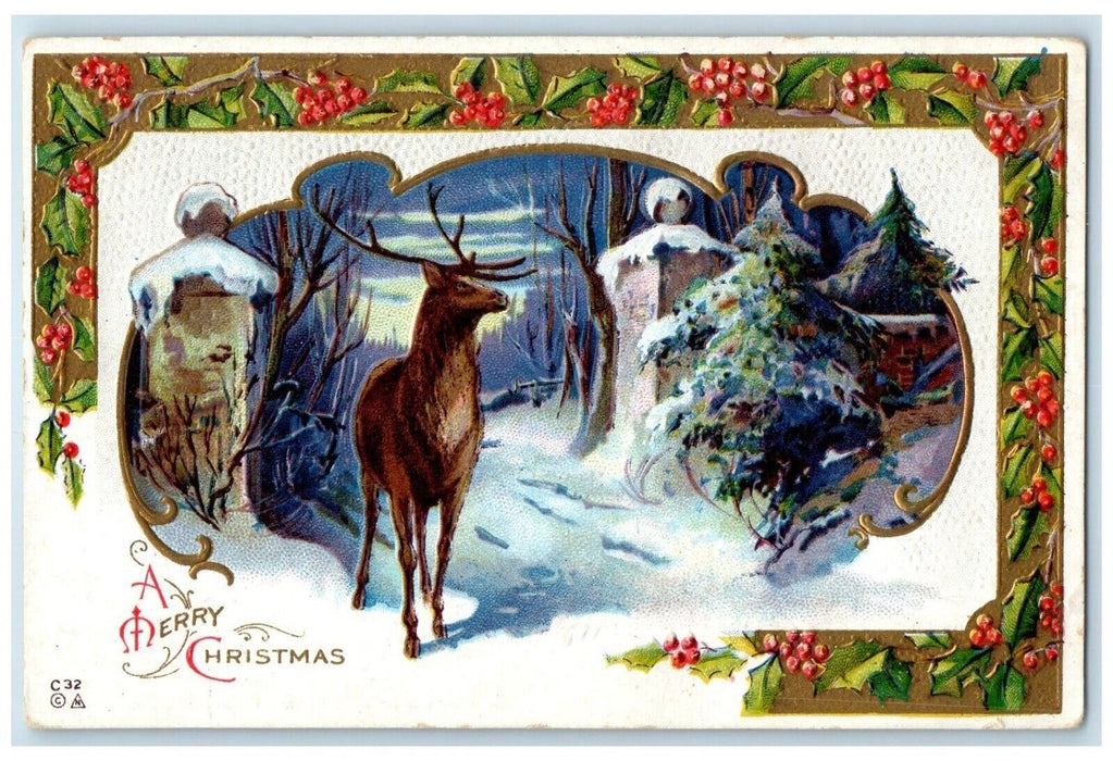 c1910's Merry Christmas Deer Winter Scene Holly Berries Nash Embossed Postcard