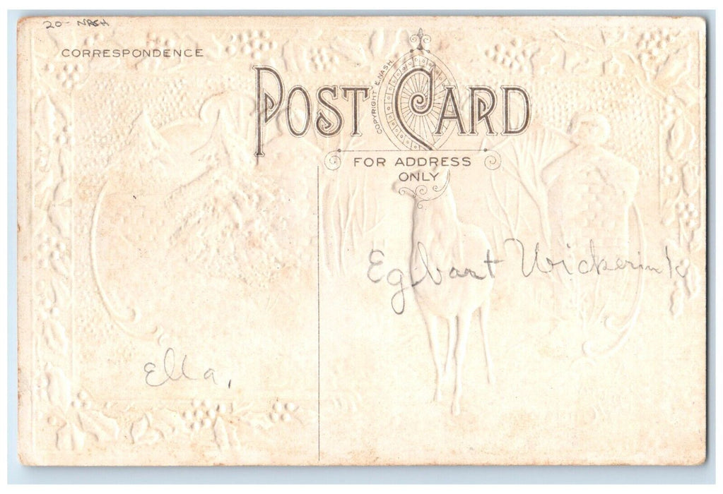 c1910's Merry Christmas Deer Winter Scene Holly Berries Nash Embossed Postcard