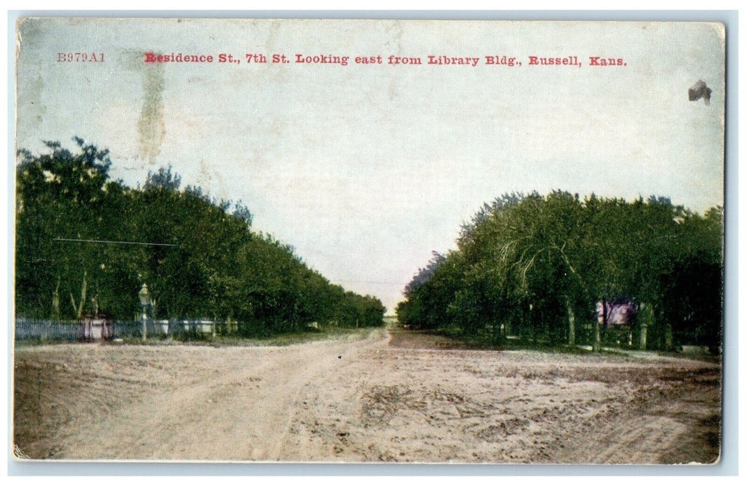 1909 Residence St. 7th St. Looking East Library Building Russell Kansa Postcard