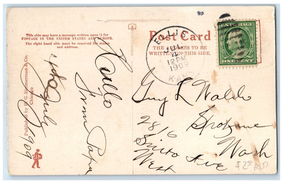 1909 Residence St. 7th St. Looking East Library Building Russell Kansa Postcard