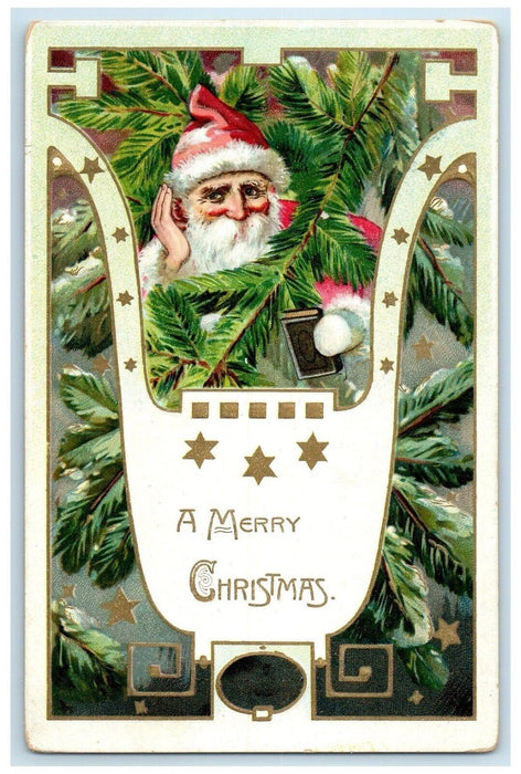 1910 Christmas Santa Claus Pine Leaf Tuck's Embossed Caledonia WI Postcard