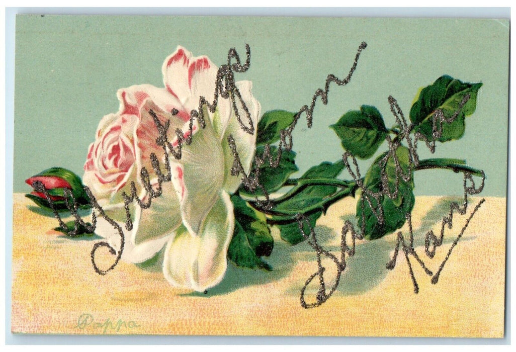 1909 Greetings From Rose Flower Embossed Glitter Sabetha Kansas Vintage Postcard