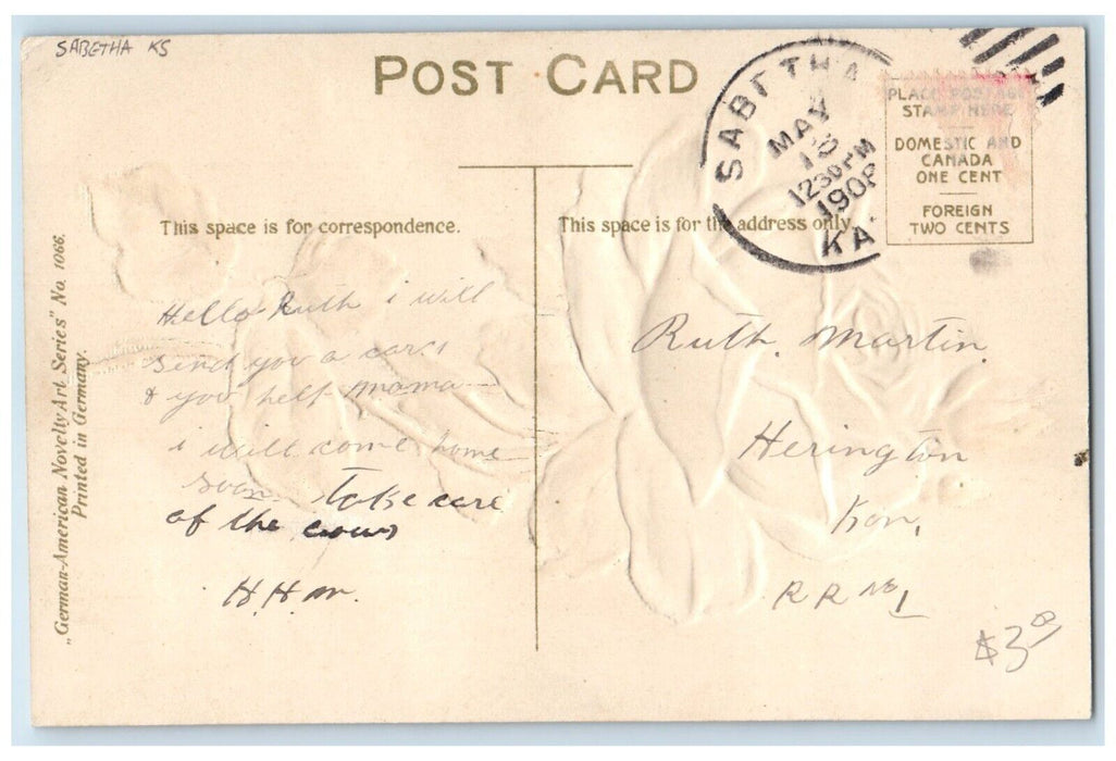 1909 Greetings From Rose Flower Embossed Glitter Sabetha Kansas Vintage Postcard