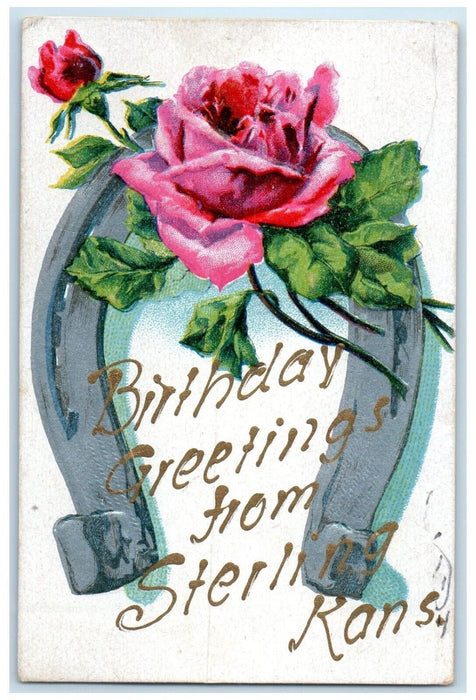 c1910 Birthday Greetings From Embossed Glitter Sterling Kansas Vintage Postcard