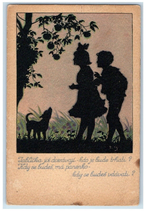 c1910's Children And Dog Czech Silhouette Unposted Antique Postcard
