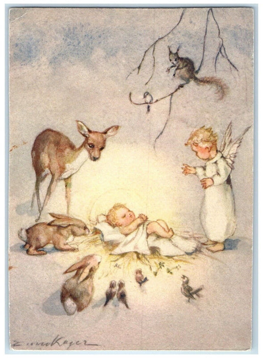 1941 Christmas Holy Angels Deer Rabbit And Birds Finland Vintage Postcard