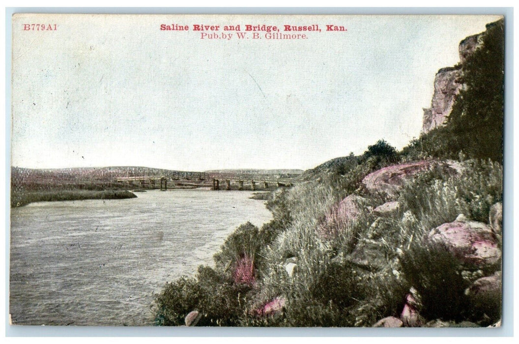 1912 Saline River Bridge River Cliff Russell Kansas KS Antique Vintage Postcard