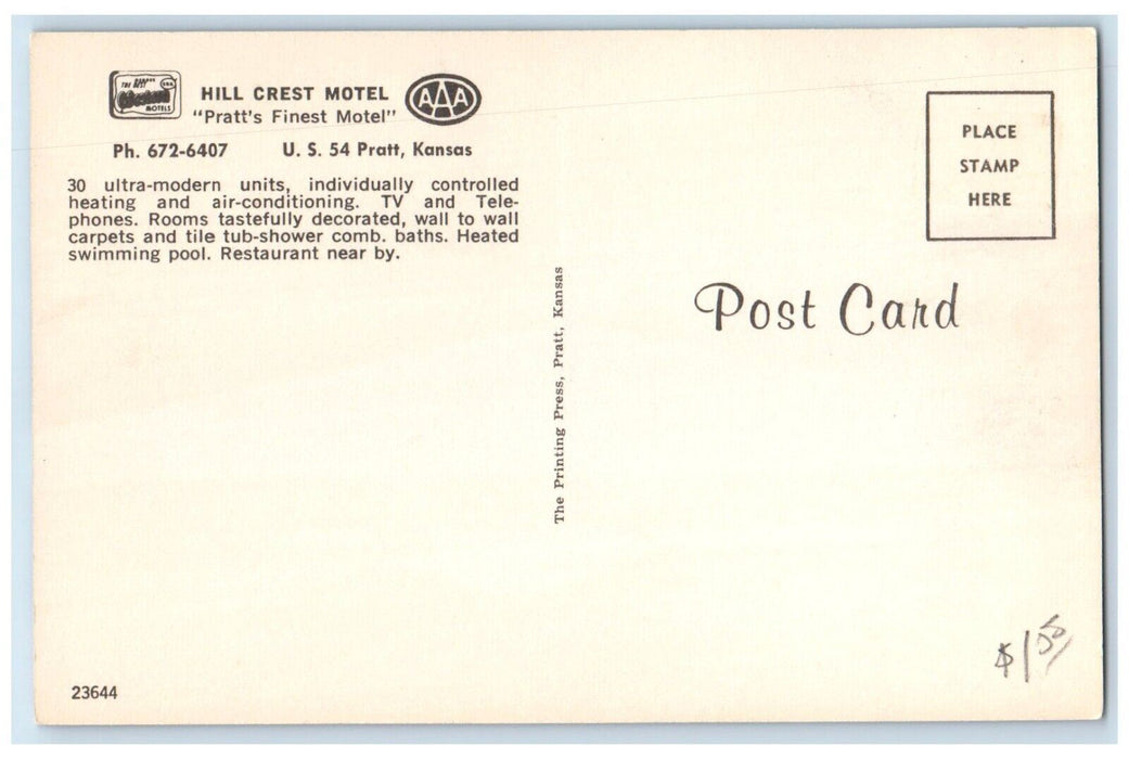 c1960's Hill Crest Motel Pratt's Finest Motel Exterior Pratt Kansas KS Postcard